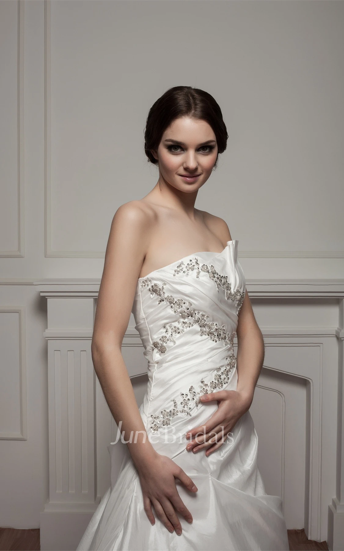 Strapless Taffeta A-Line Dress with Beading and Sweep Train