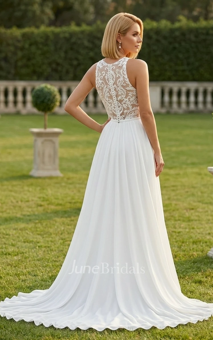 Floral Romantic Boho Lace A-Line Spring Wedding Dress Modest Casual Garden Chiffon Sweep Train Bridal Gown