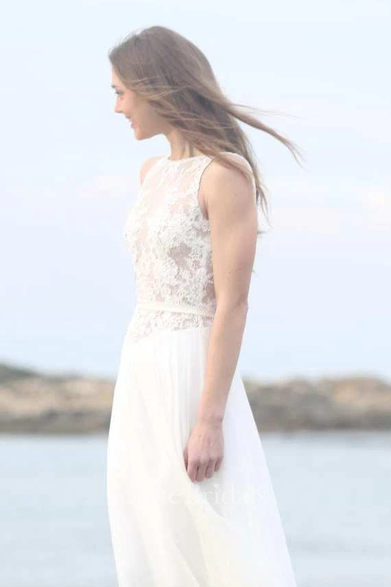 Bateau Sleeveless Lace Appliqued Chiffon Floor-Length Wedding Dress