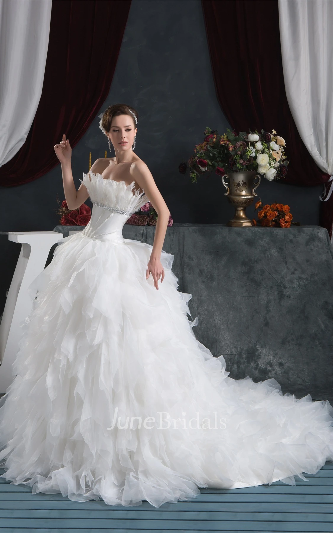 Strapless Ruffled A-Line Gown with Tiers and Jeweled Waist