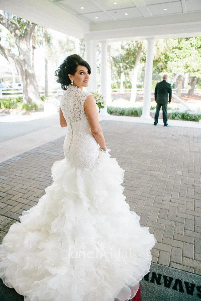 Newest Lace Ruffles Tulle Mermaid Wedding Dress Cap Sleeve