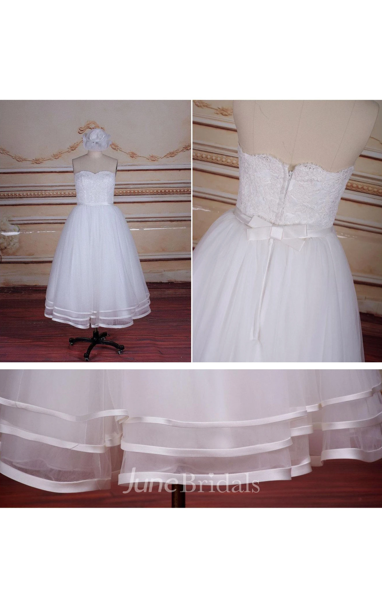 Short Tea-Length Strapped Tulle Lace Satin Weddig Dress