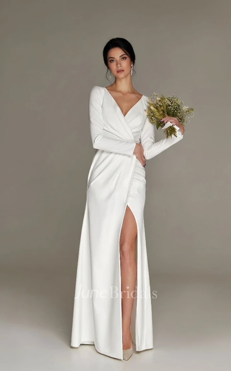 Simple Sheath Long Sleeve Warm Wedding Dress V-neck Floor-length Reception Gown with Split