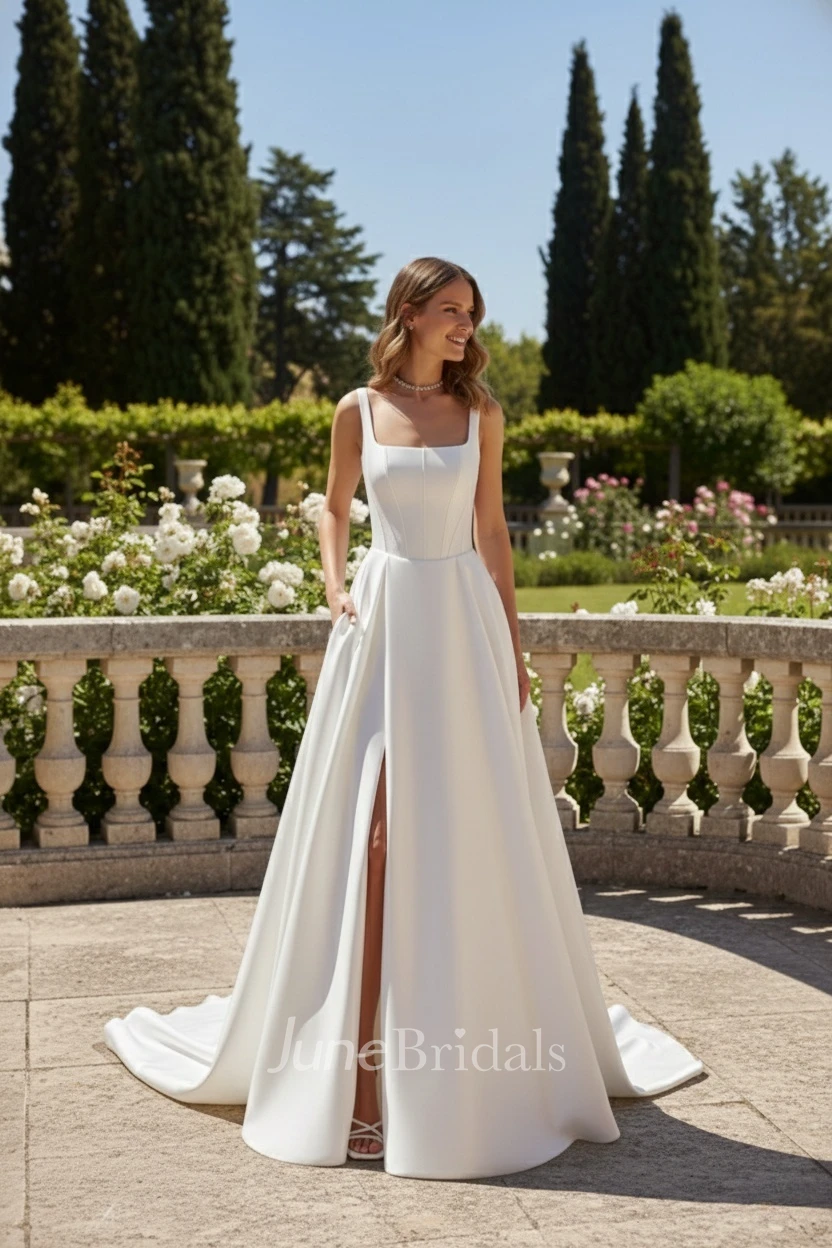 Simple Square Neck Sleeveless Wedding Dress Modern A-Line Slit Satin Bridal Gown