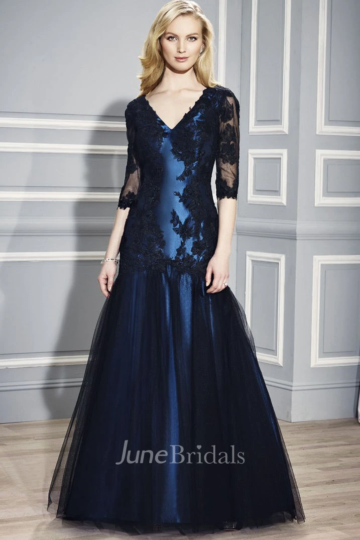 V-neck 3-4-sleeve Satin Tulle Dress With Appliques