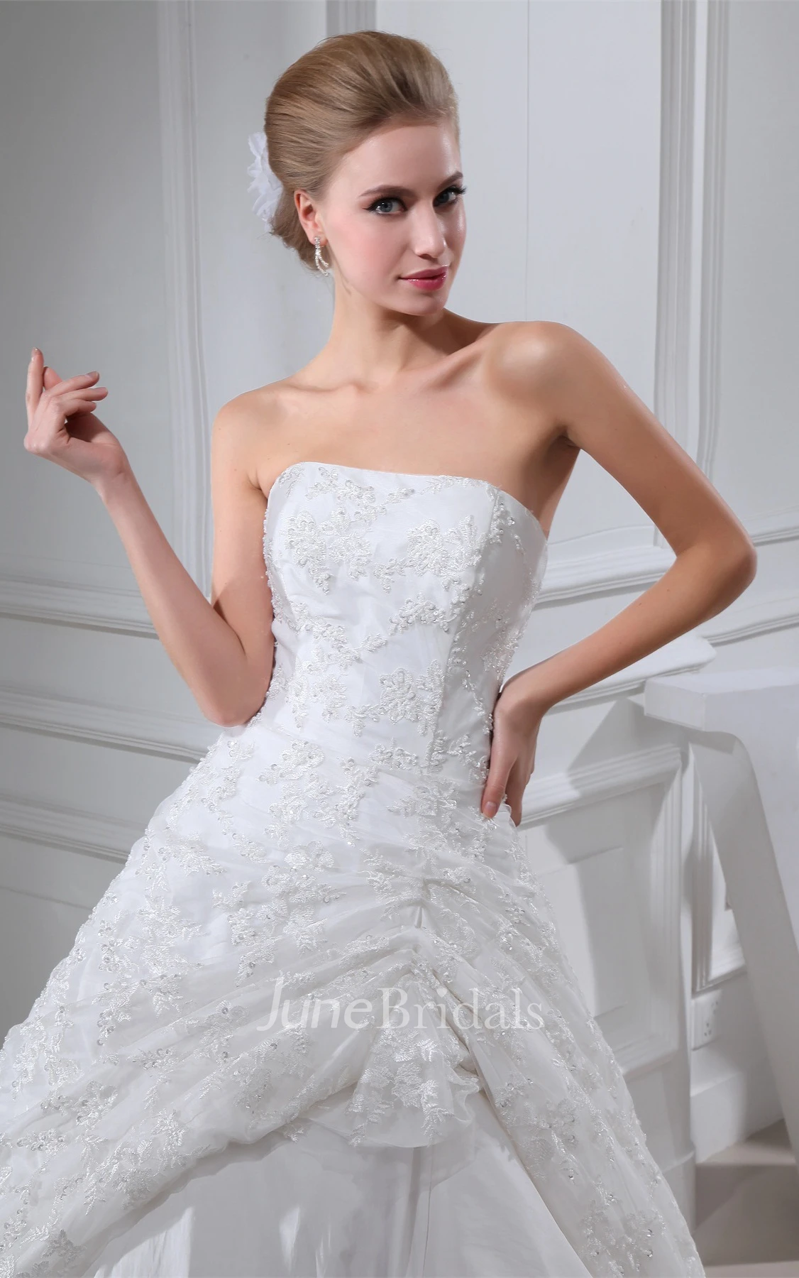 Strapless Appliqued Ball Gown with Ruching and Side Draping