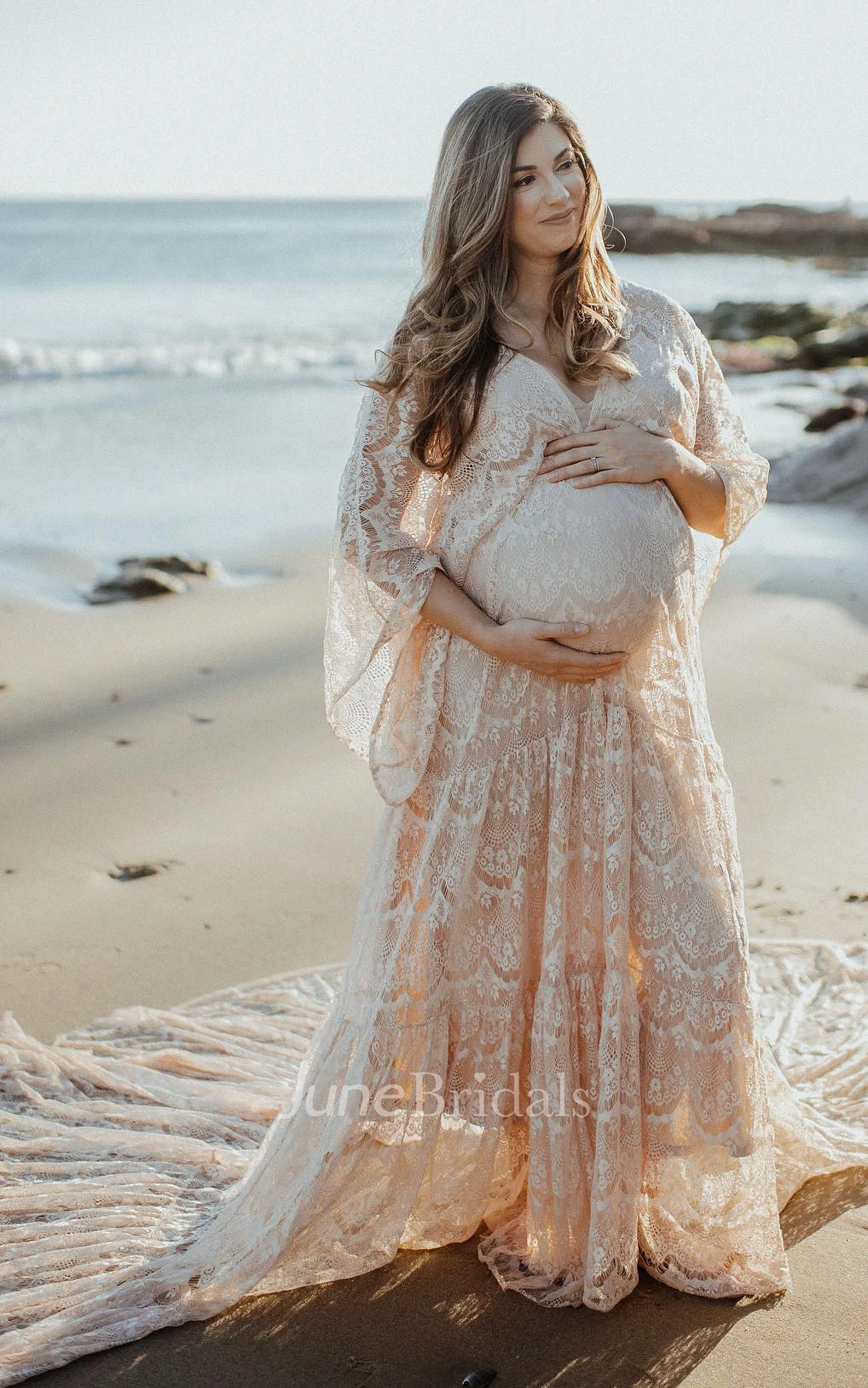 Simple Sexy Beach Long Sleeves Boho Lace Winter Wedding Dress Elegant Casual Maternity A-Line V-Neck Gown with Deep-V Back