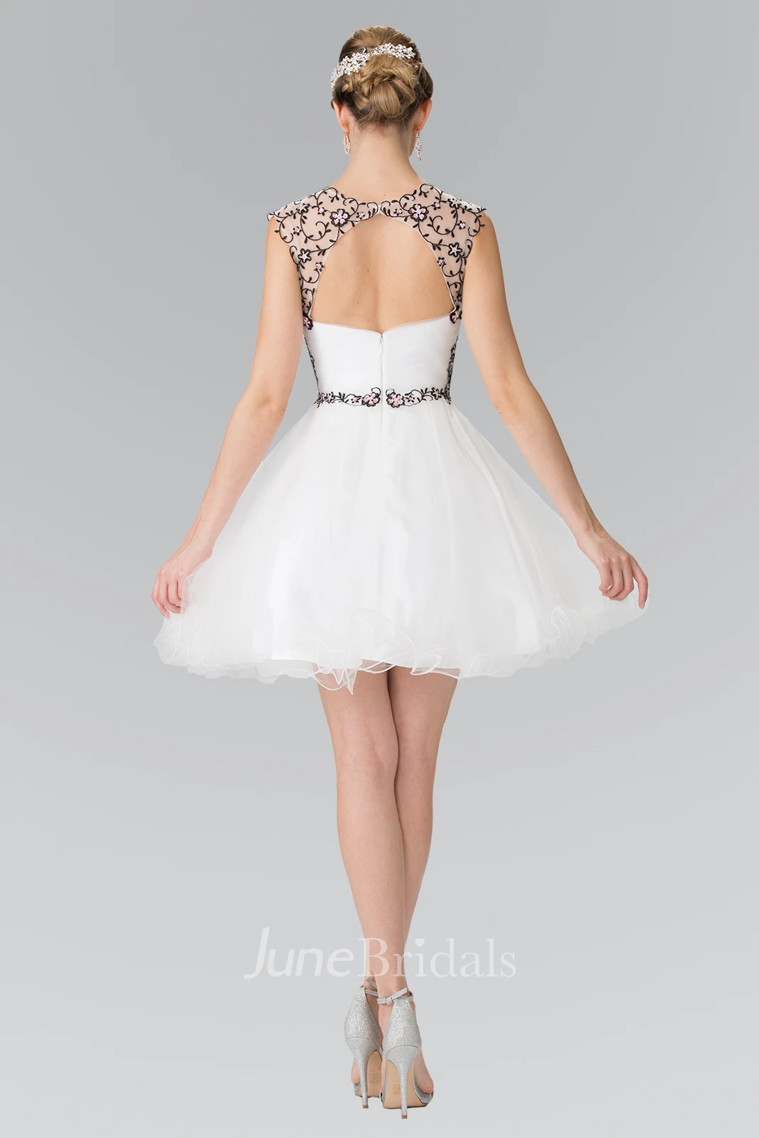A-Line Mini Jewel-Neck Cap-Sleeve Tulle Satin Keyhole Dress With Ruching And Appliques