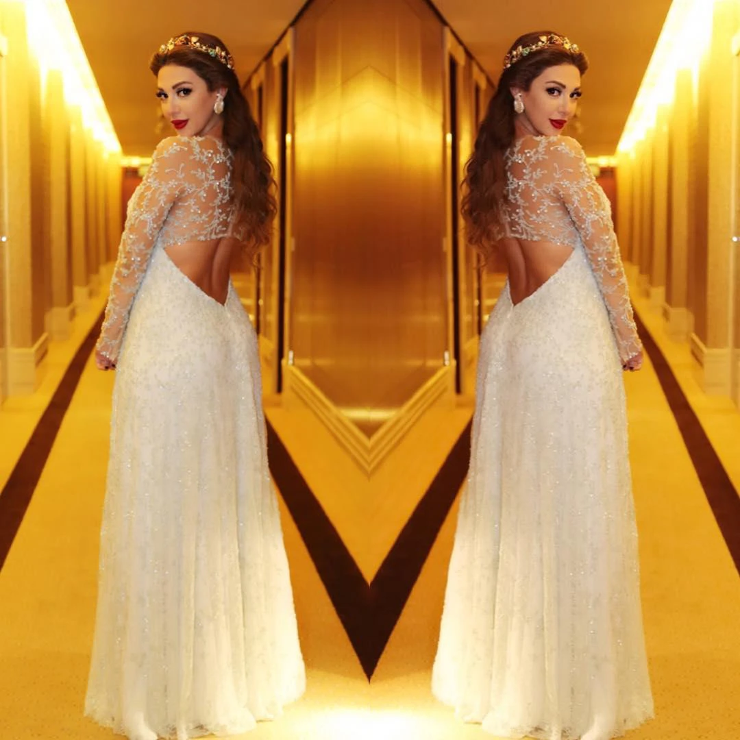 Glamorous Beadings Appliques A-line Evening Dress Long Sleeve