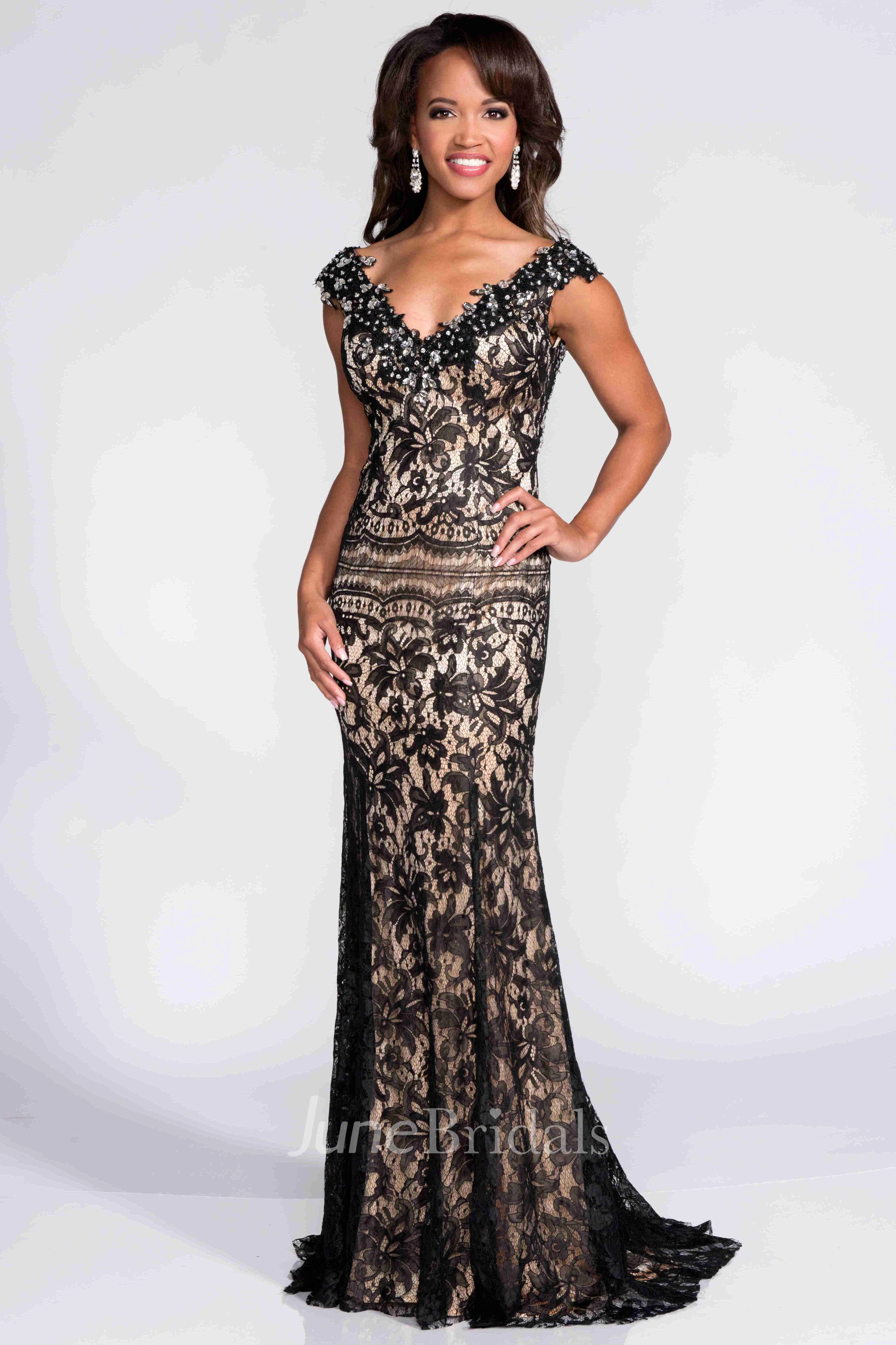 Sheath Lace Backless Cap Sleeve Prom Dress With V-Neck