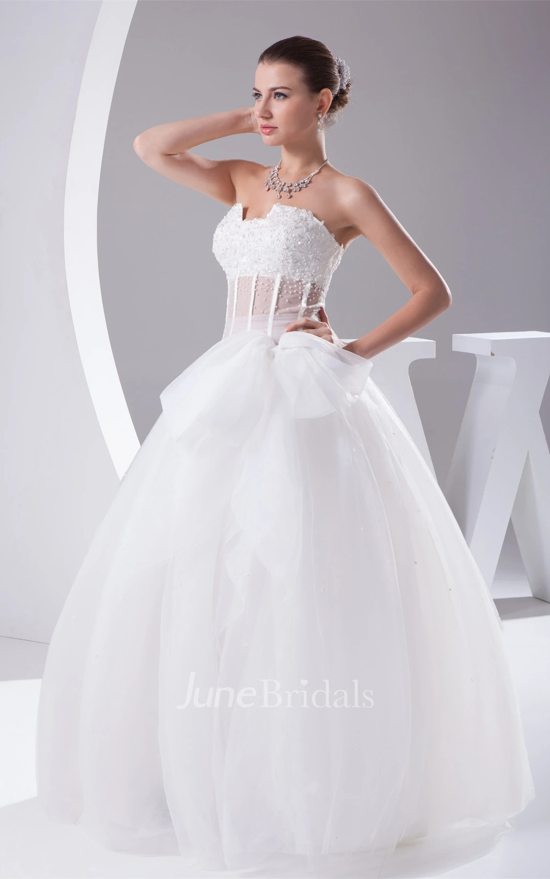 Notched Strapless Tulle A-Line Dress with Bow and Illusion Waist