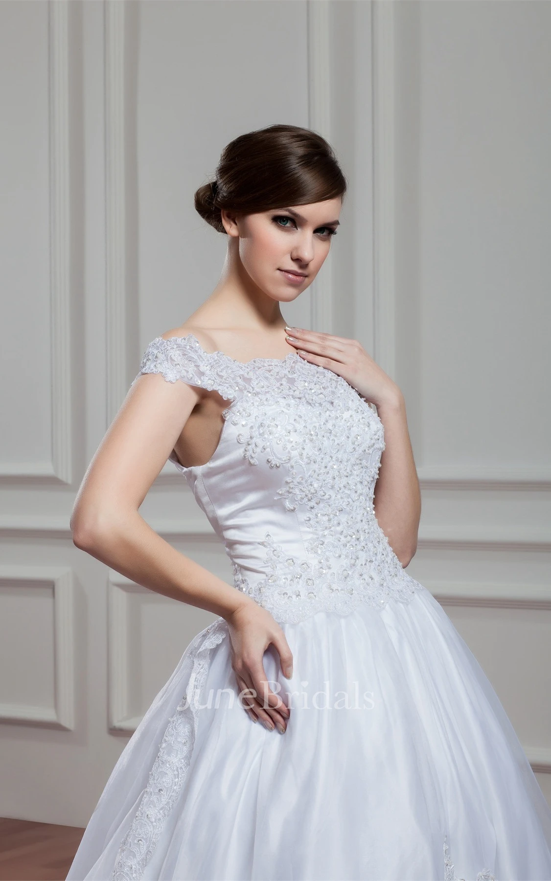 Off-The-Shoulder A-Line Appliqued Gown with Pleats