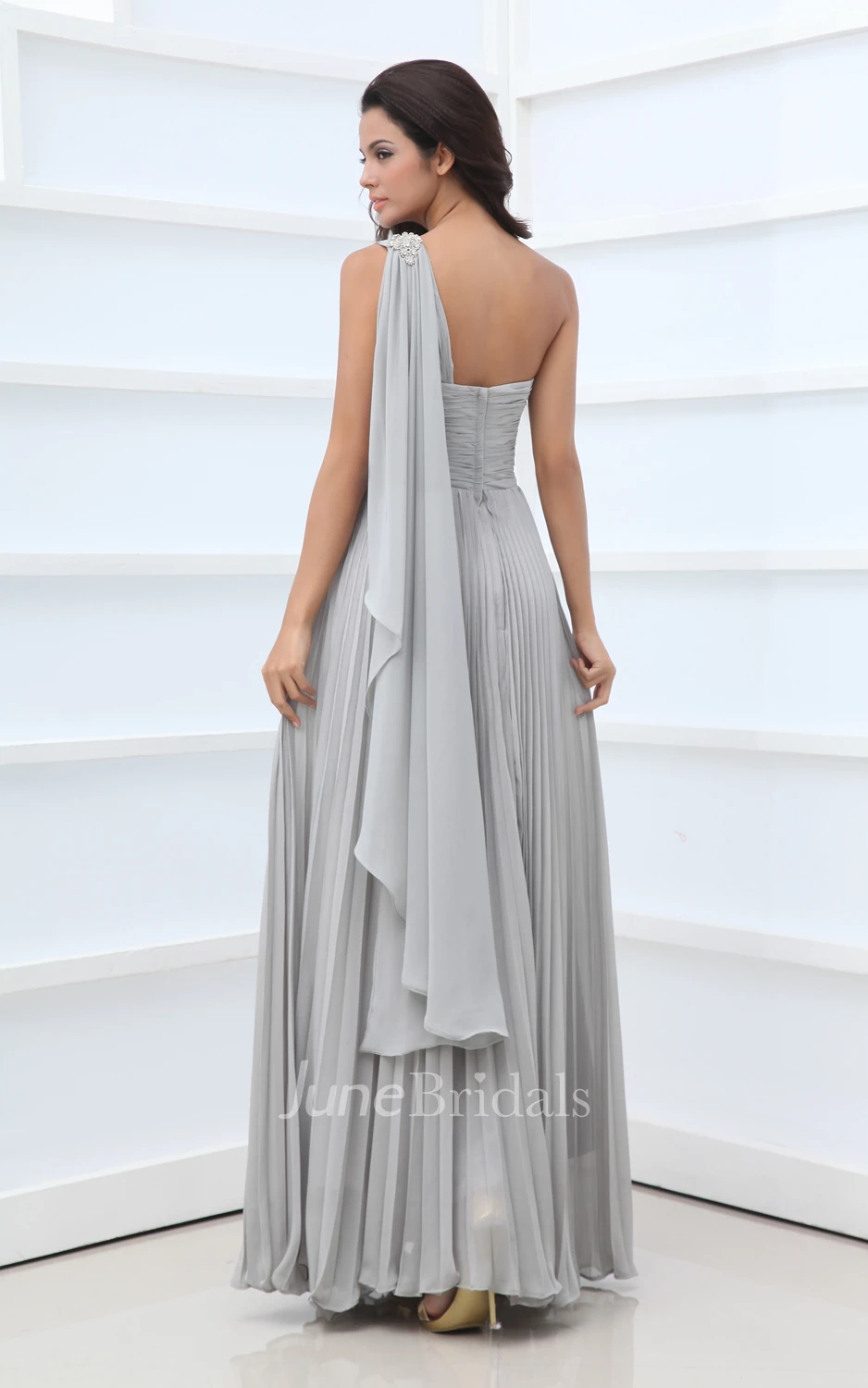 Style Asymmetrical One-Shoulder Empire Gown With Crystal Details