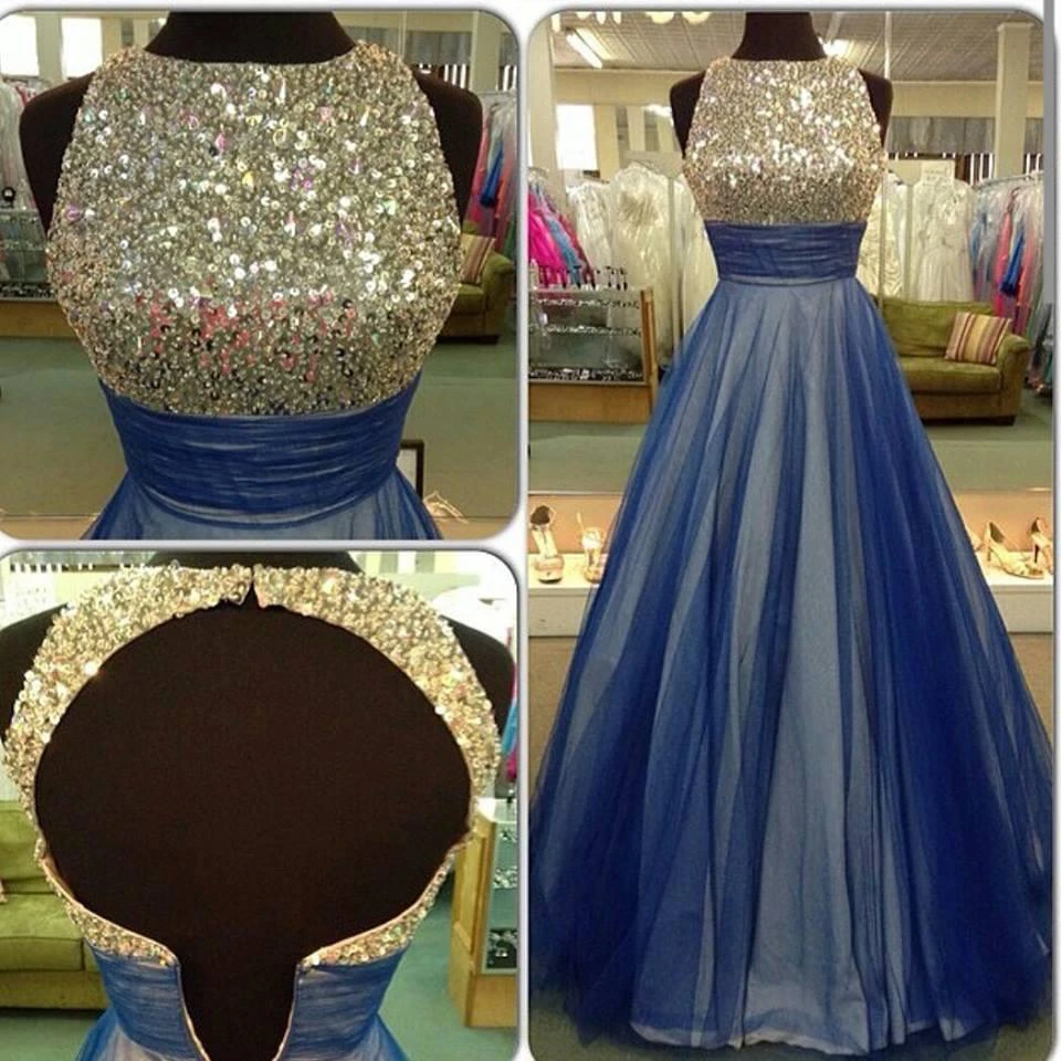 Beautiful Sequins Sleeveless Evening Dress A-Line Tulle Prom Gowns