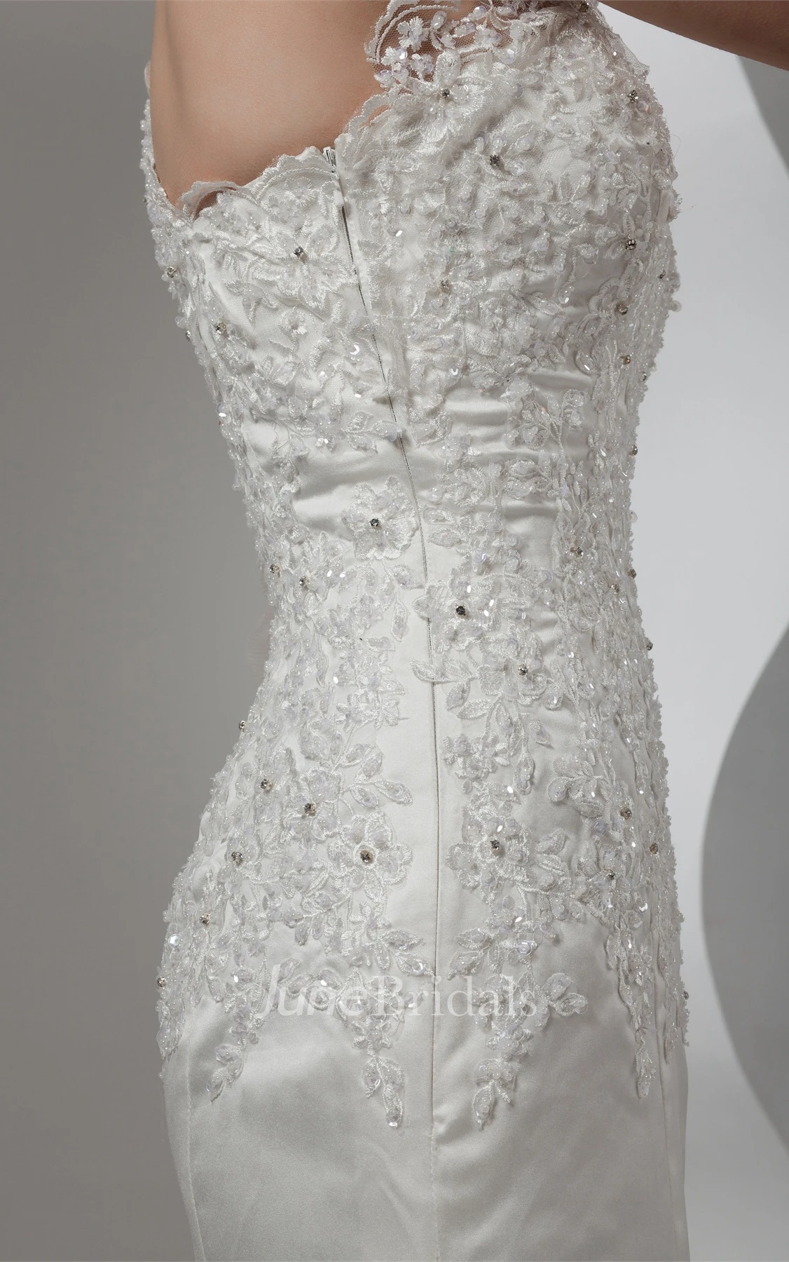 Asymmetrical Mermaid Appliqued Gown with Illusion One Sleeve