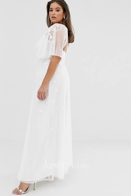 Simple Chiffon and Tulle Sheath Bat-sleeve Wedding Dress