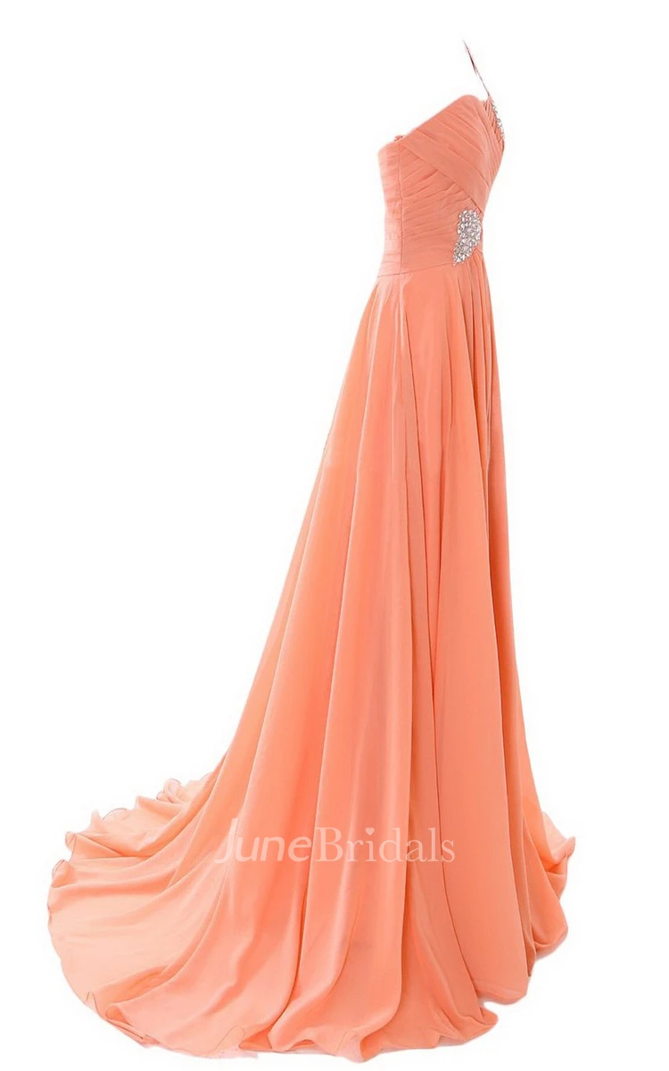 One-shoulder Rhinestoned Ruched A-line Gown With Chapel Train