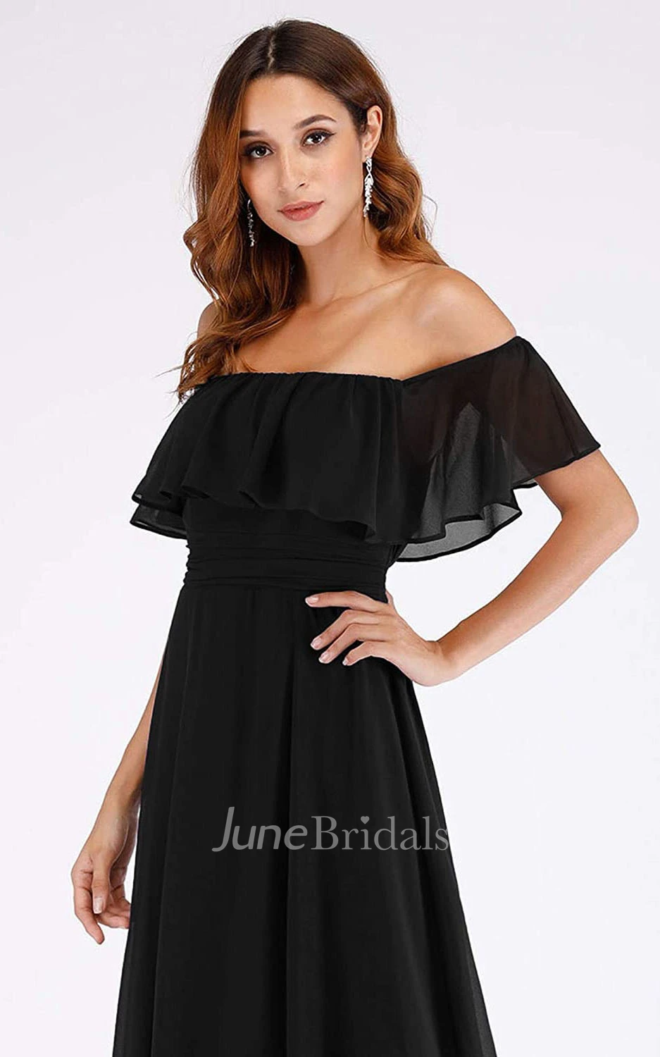 A Line Off-the-shoulder Chiffon Prom Dress With Ruffles and Split Front