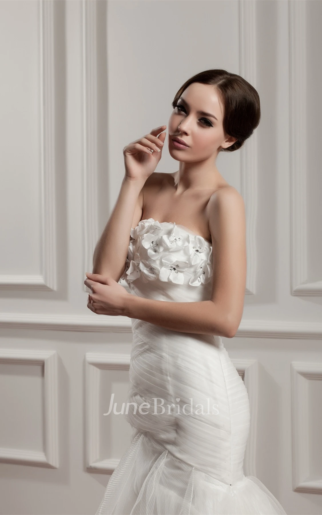 Strapless Mermaid Tulle Dress with Ruffles and Flower