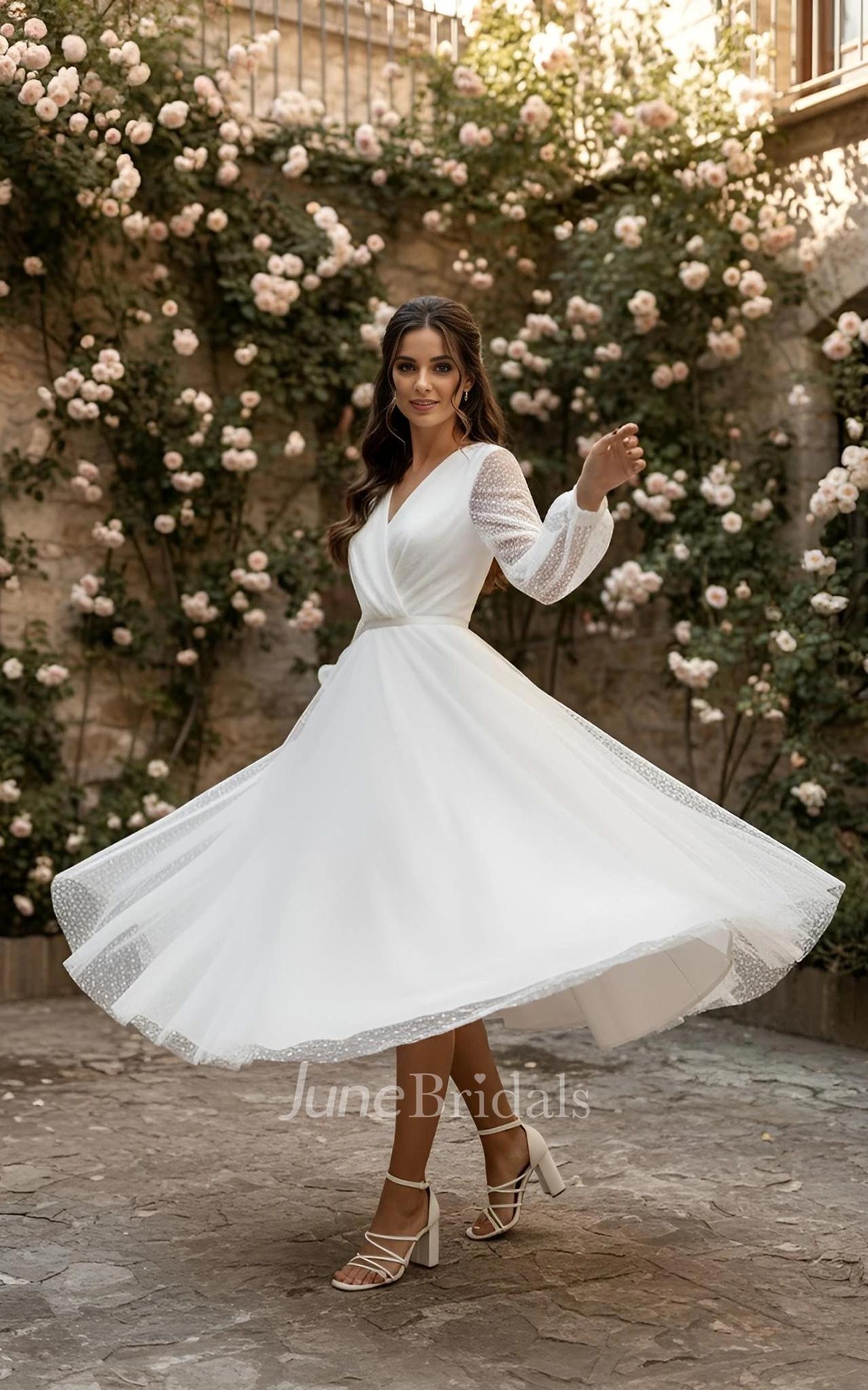 Tea-length A-Line V-neck Vintage Simple Petite Adorable Long Sleeve Warm Wedding Dress with Button Back Sash