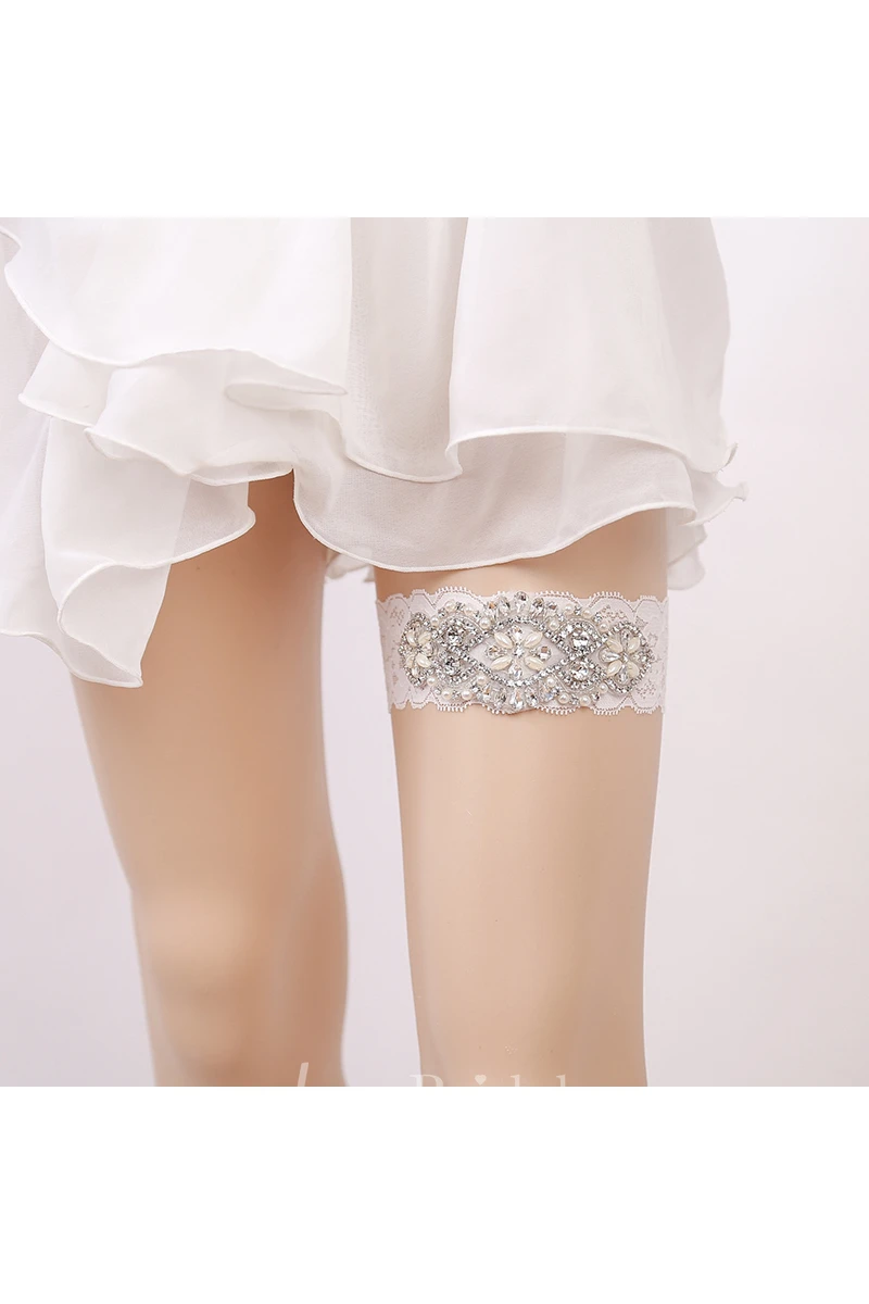 White Sexy Lace Rhinestone Princess Style Handmade Garter Grip Within 16-23inch