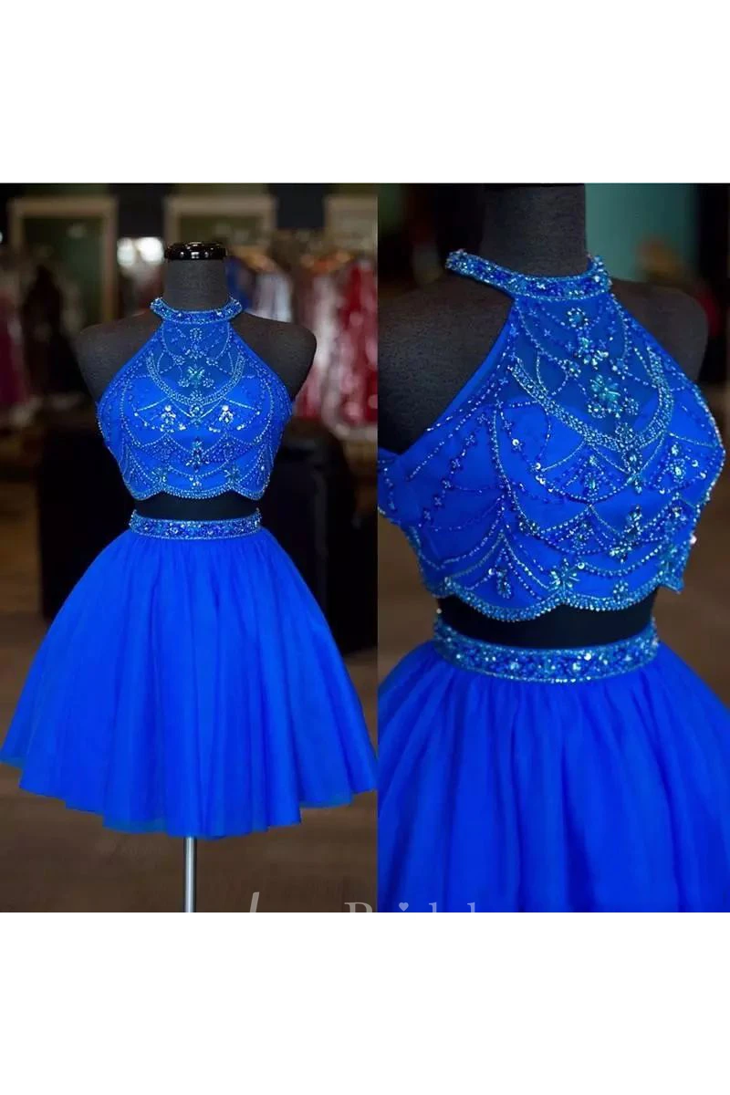 Two Piece Halter High Neck Sleeveless Beading Short Mini Chiffon Homecoming Dress