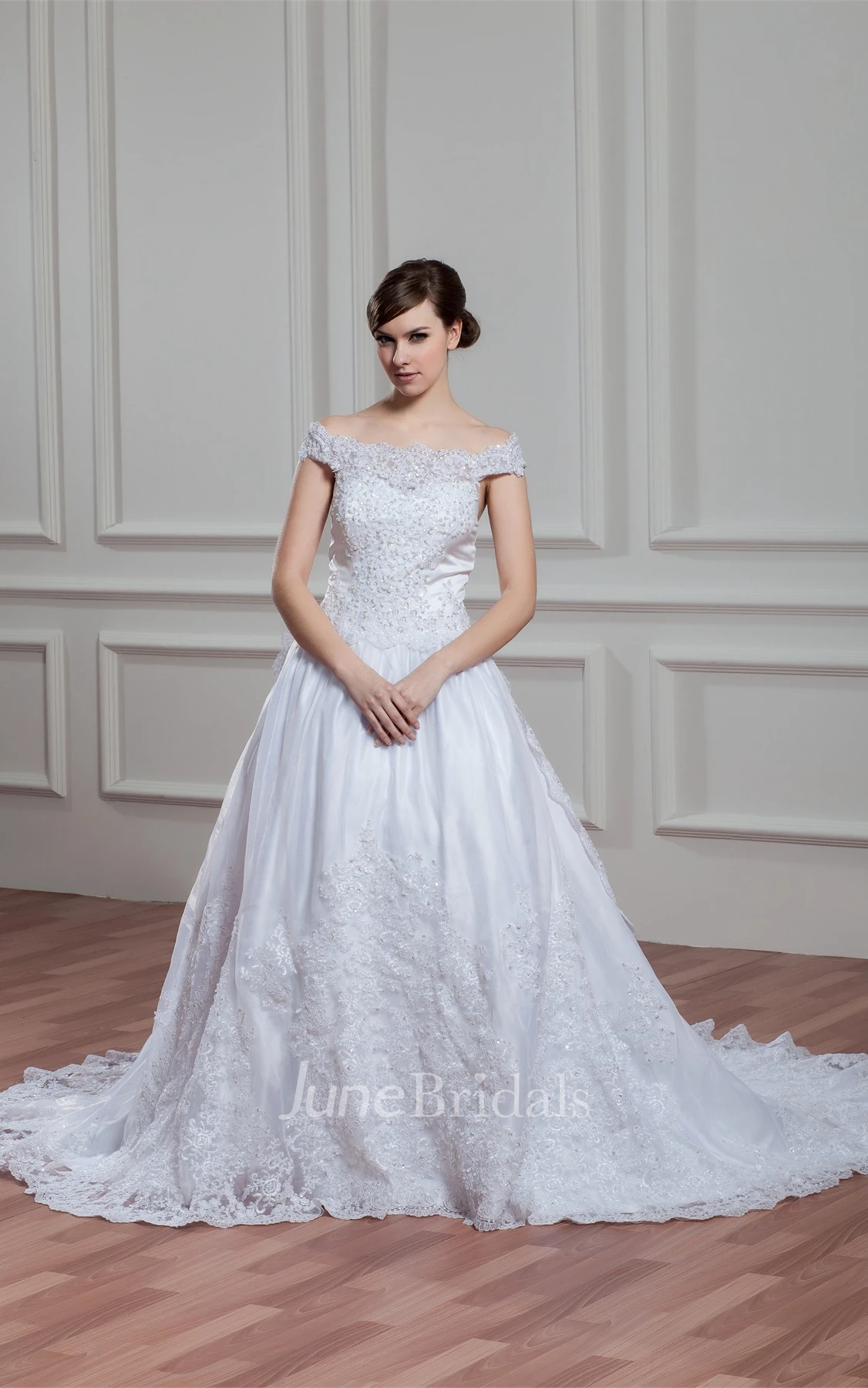 Off-The-Shoulder A-Line Appliqued Gown with Pleats