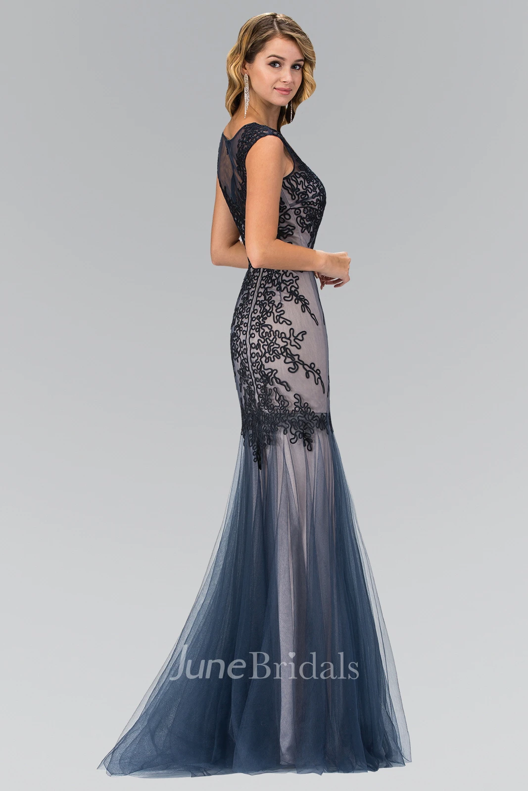 Column Embroidery Floor-Length Bateau Tulle Cap-Sleeve Illusion Dress
