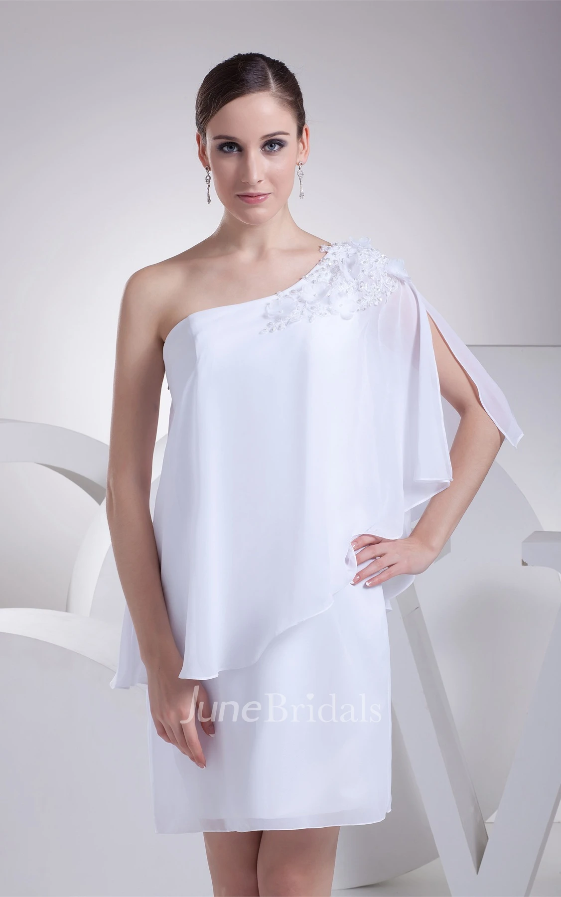 One-Shoulder Chiffon Mini Dress with Flower and Beading