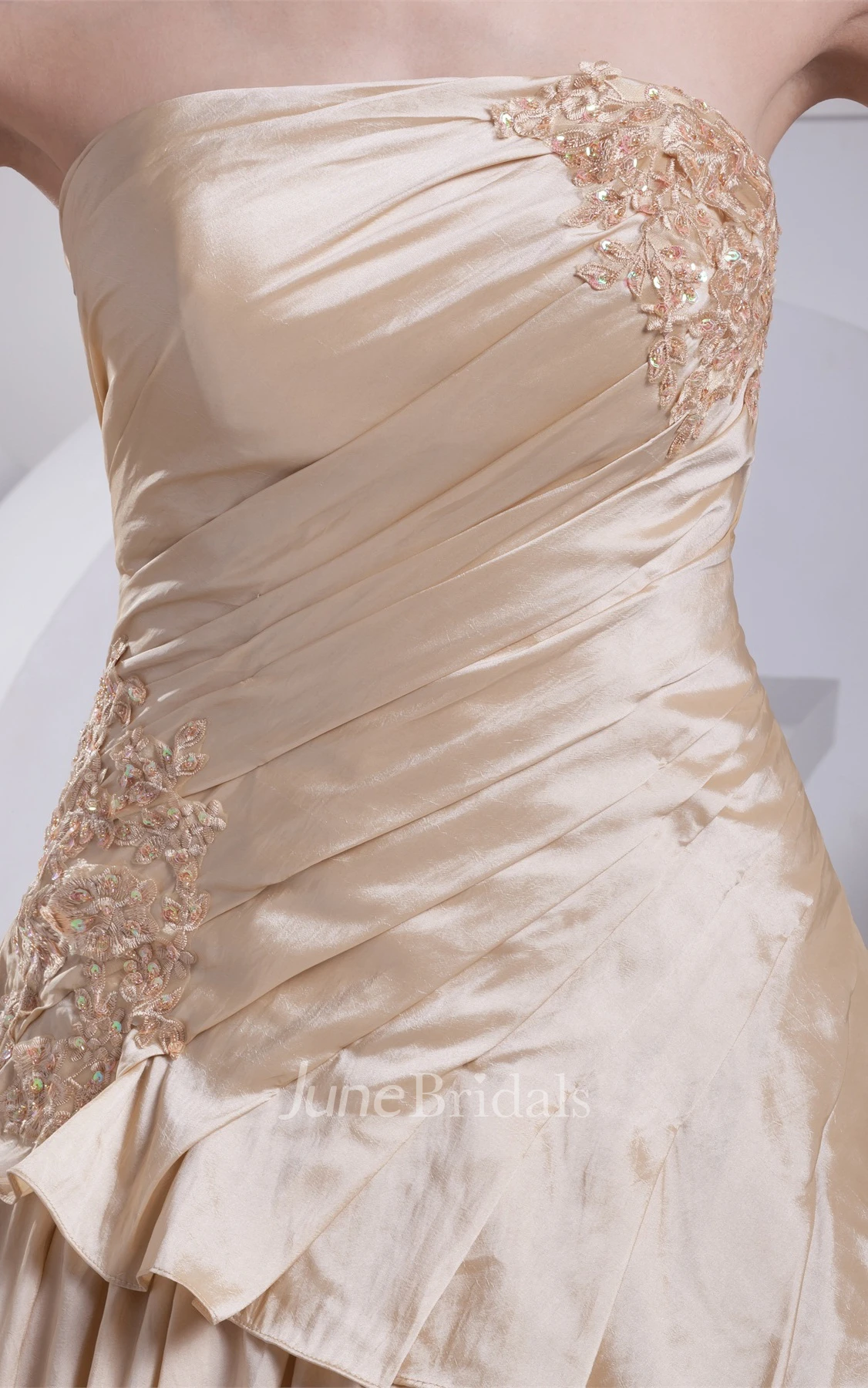 Strapless Pleated A-Line Gown with Ruching and Appliques