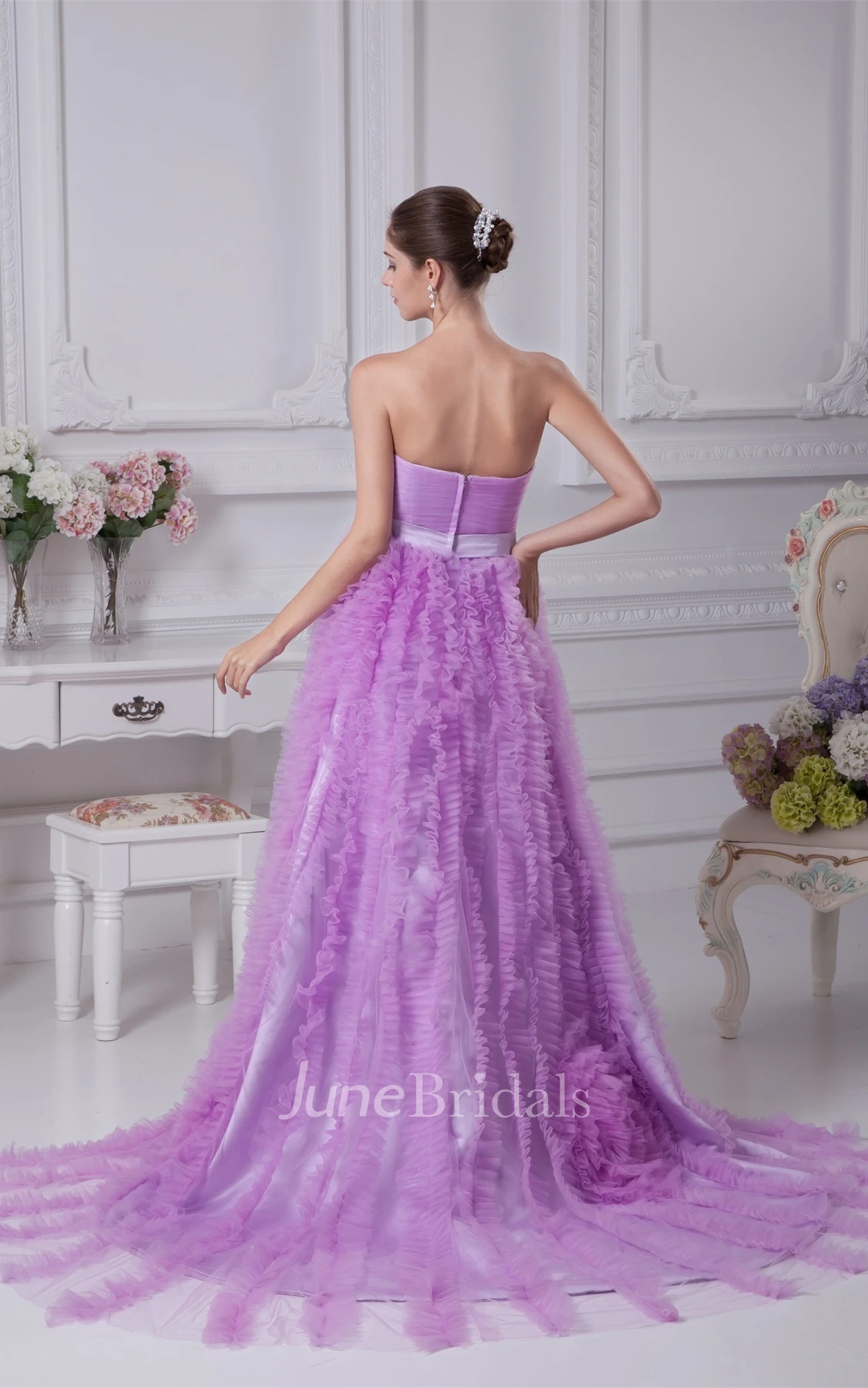 Strapless Ruched A-Line Gown with Ruffles and Broach