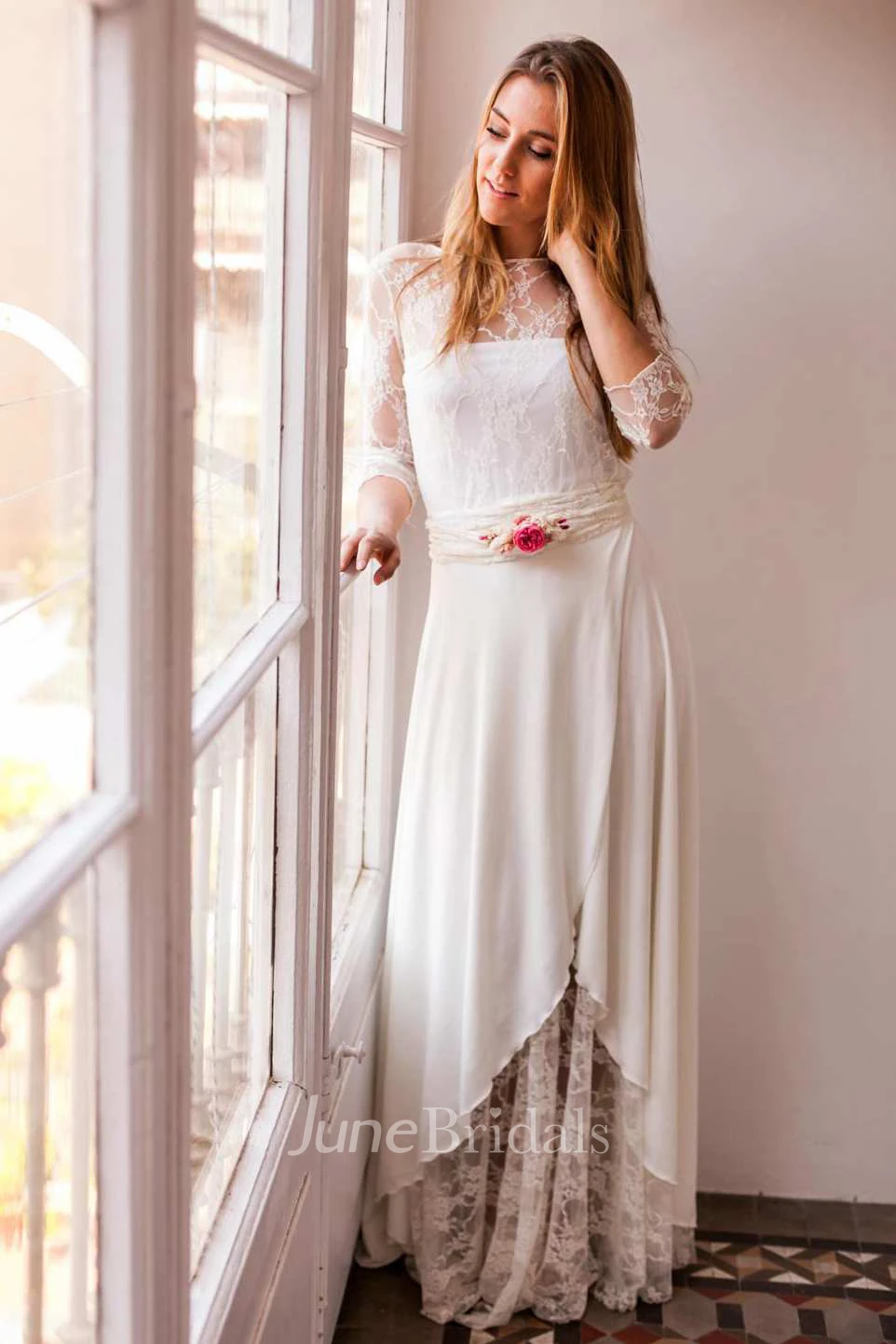 Bateau Lace Illusion Chiffon Floor-Length Wedding Dress With Pleats