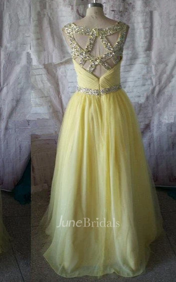 Floor-length A-line Criss Cross Tulle Dress With Beaded Waistline