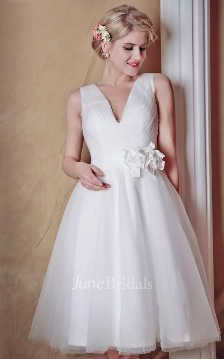 Sweet V-neck Tulle Gown With Ruched Waist and Satin Belt