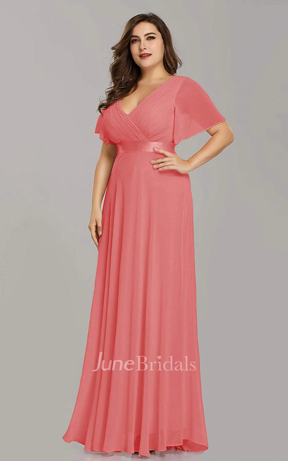 A Line V-neck Chiffon Half Sleeve Prom Dress With Criss Cross and Ruching