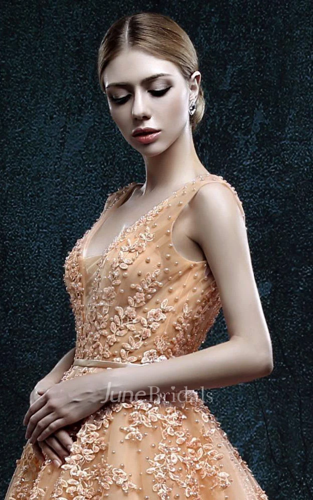 A-line V-neck Sleeveless Backless Tulle Dress