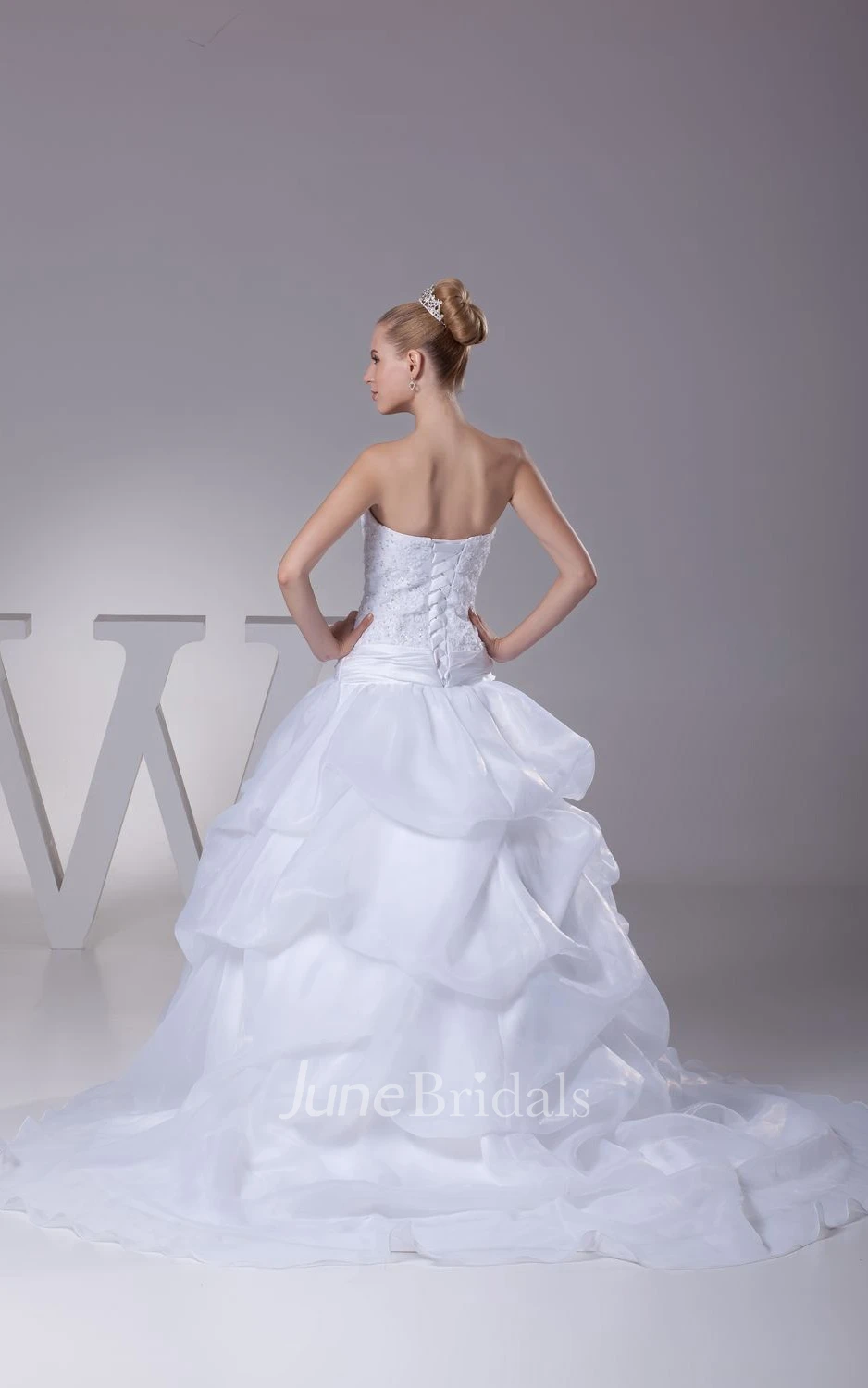Strapless Appliqued A-Line Ball Gown With Pick-Up Design