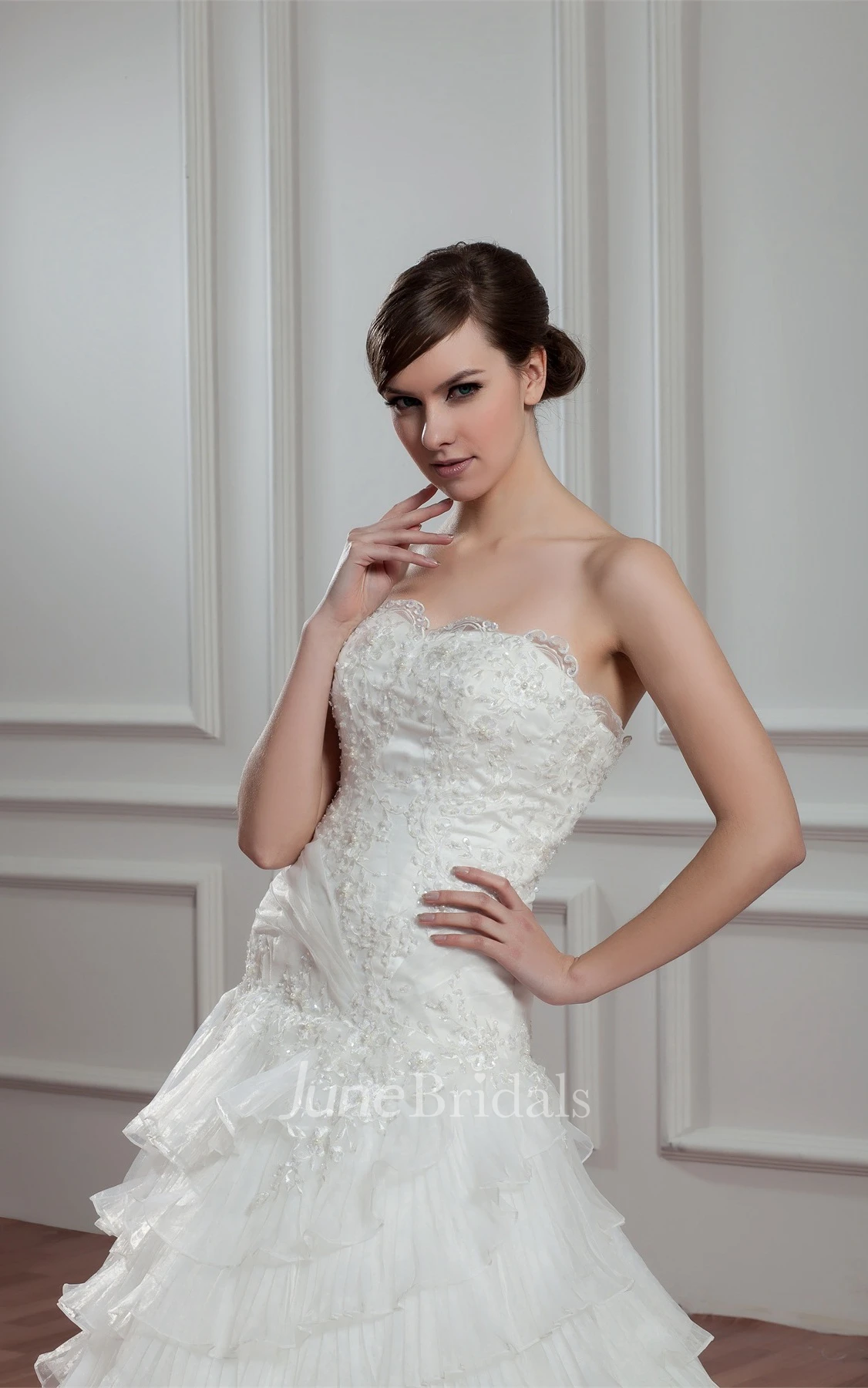 Sweetheart Tiered A-Line Gown with Appliques and Jeweled Top