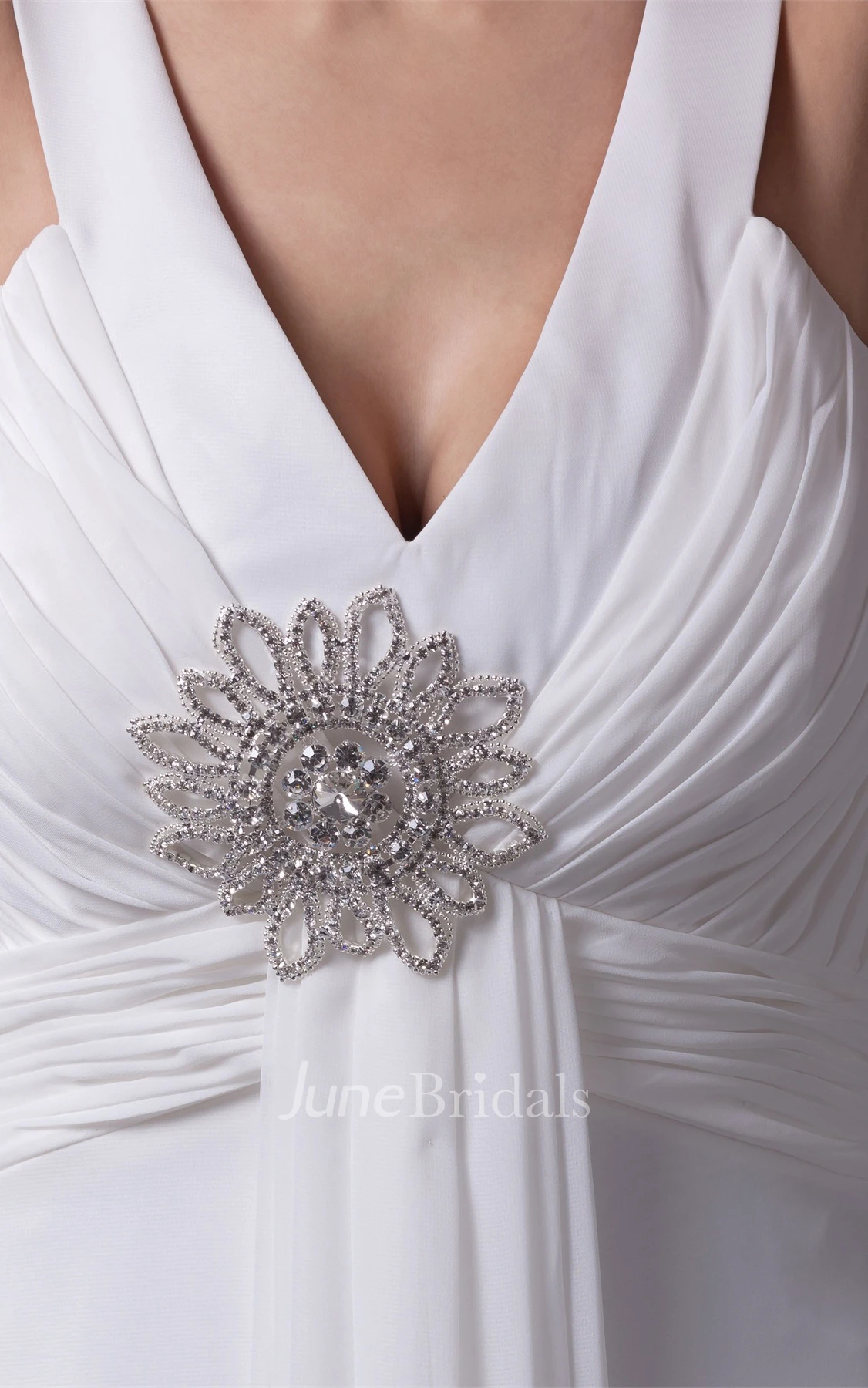 Strapless V-Neck A-Line Floor-Length Dress with Side Draping and Flowered Beadings