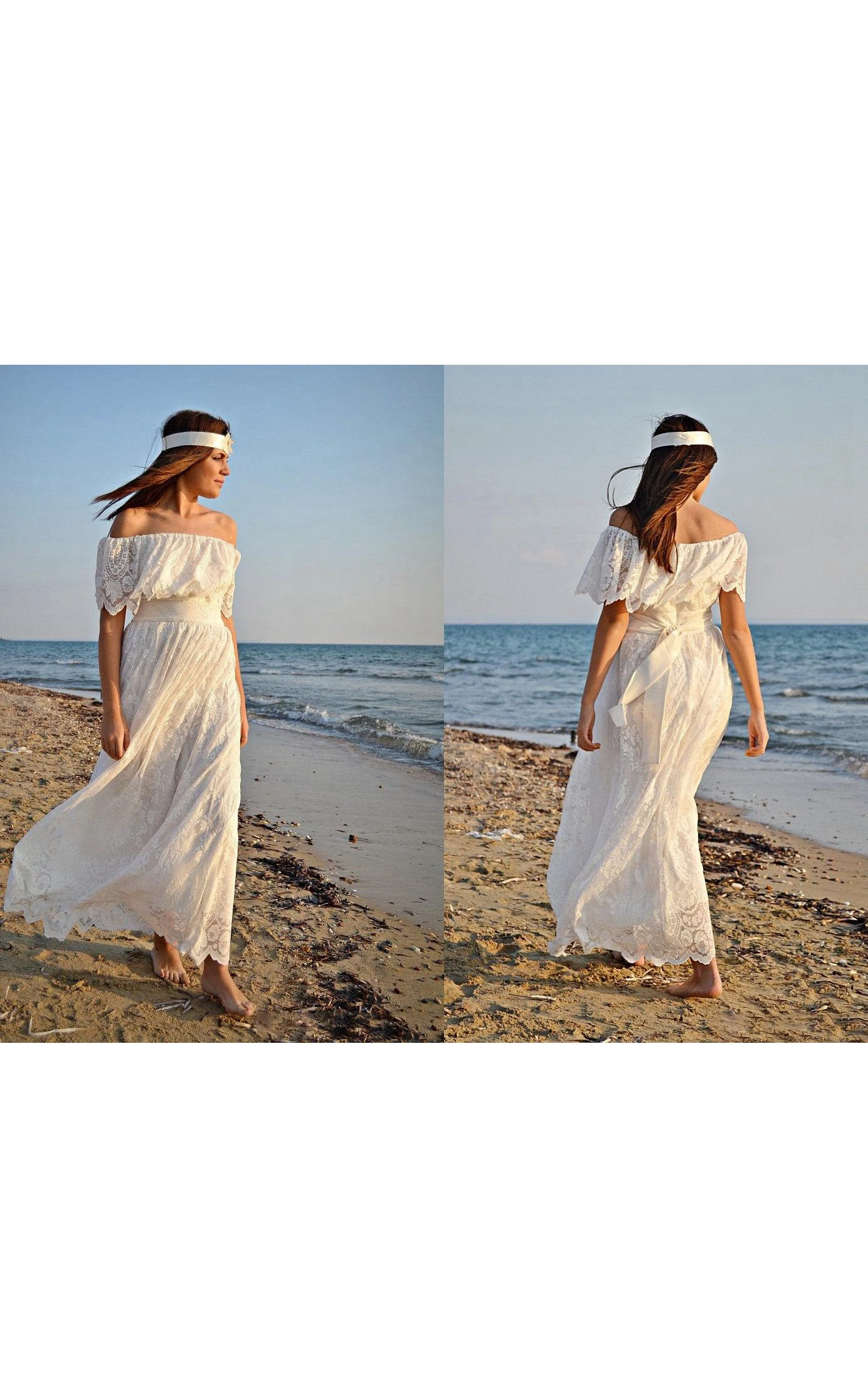 Boho Off-The-Shoulder Empire Anckle-Length Lace Wedding Dress With Sash