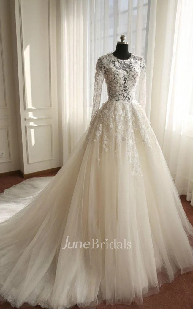 A-Line Long Long Sleeve Bell Beading Appliques Flower Zipper Keyhole Tulle Lace Dress