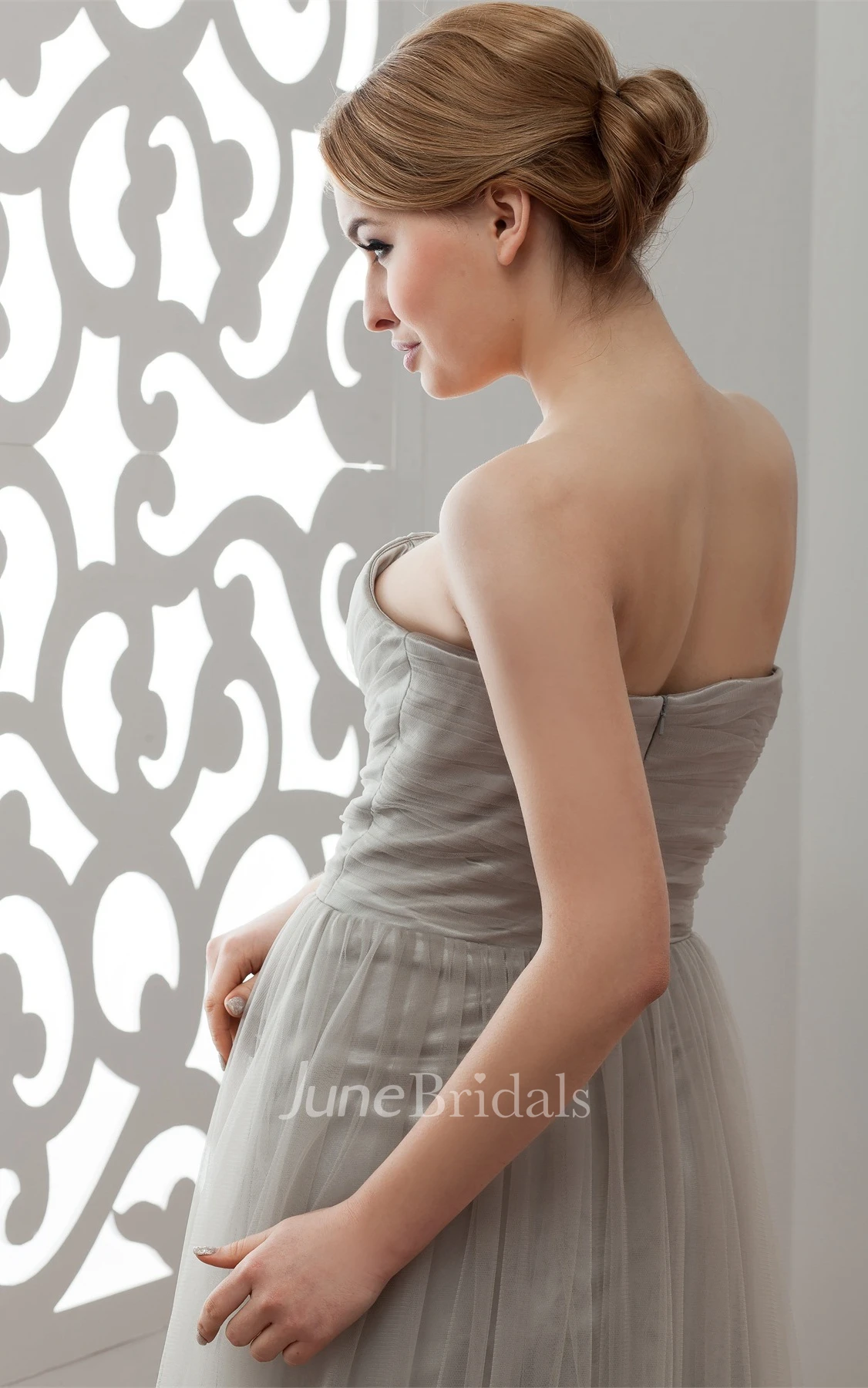 Strapless Tulle Floor-Length Gown with Flower and Pleats