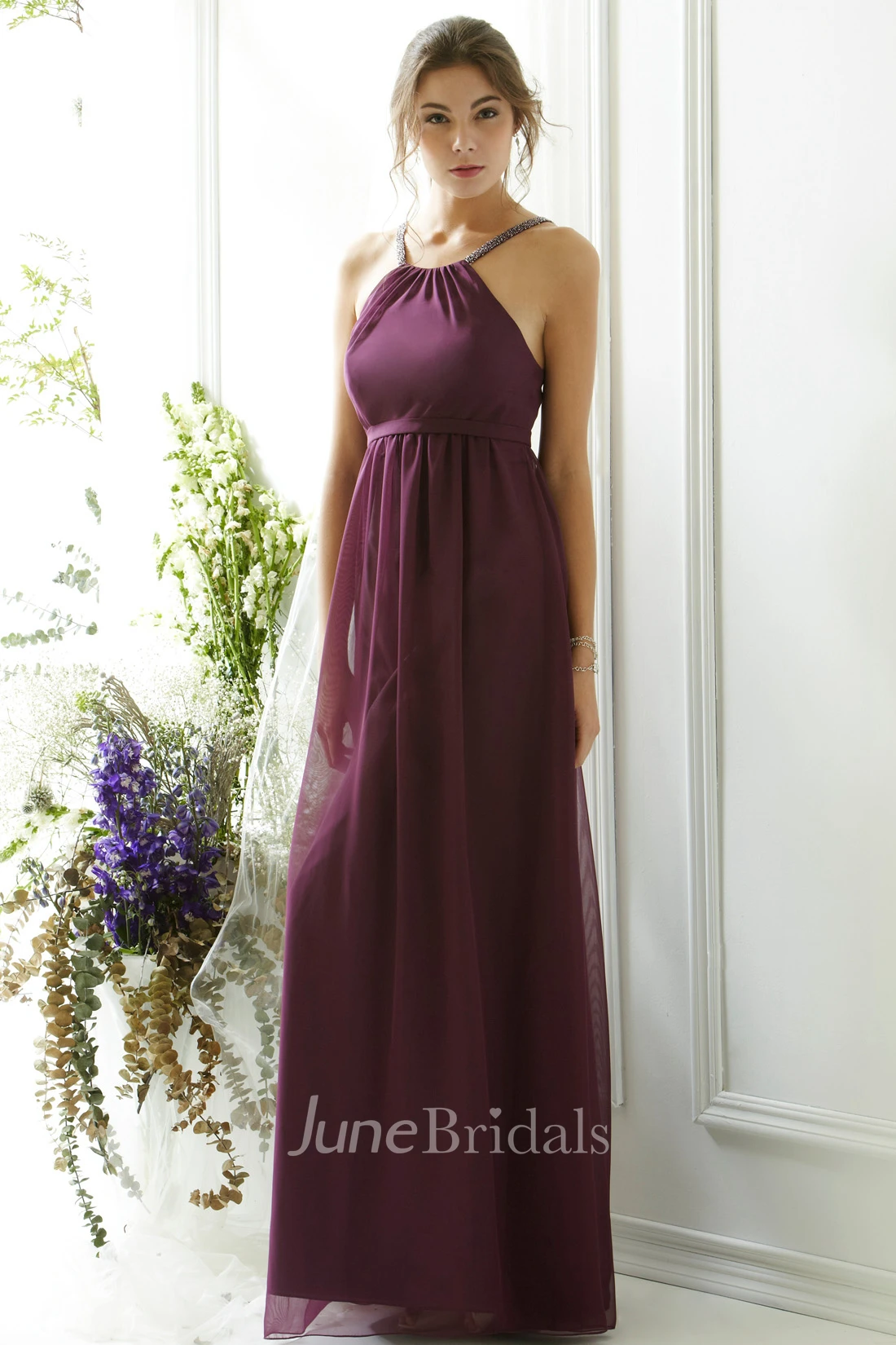 Sleeveless Halter Chiffon Bridesmaid Dress