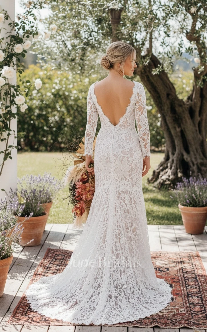 Boho Lace Mermaid Wedding Dress Beach Long Sleeves Low Back Bridal Gown