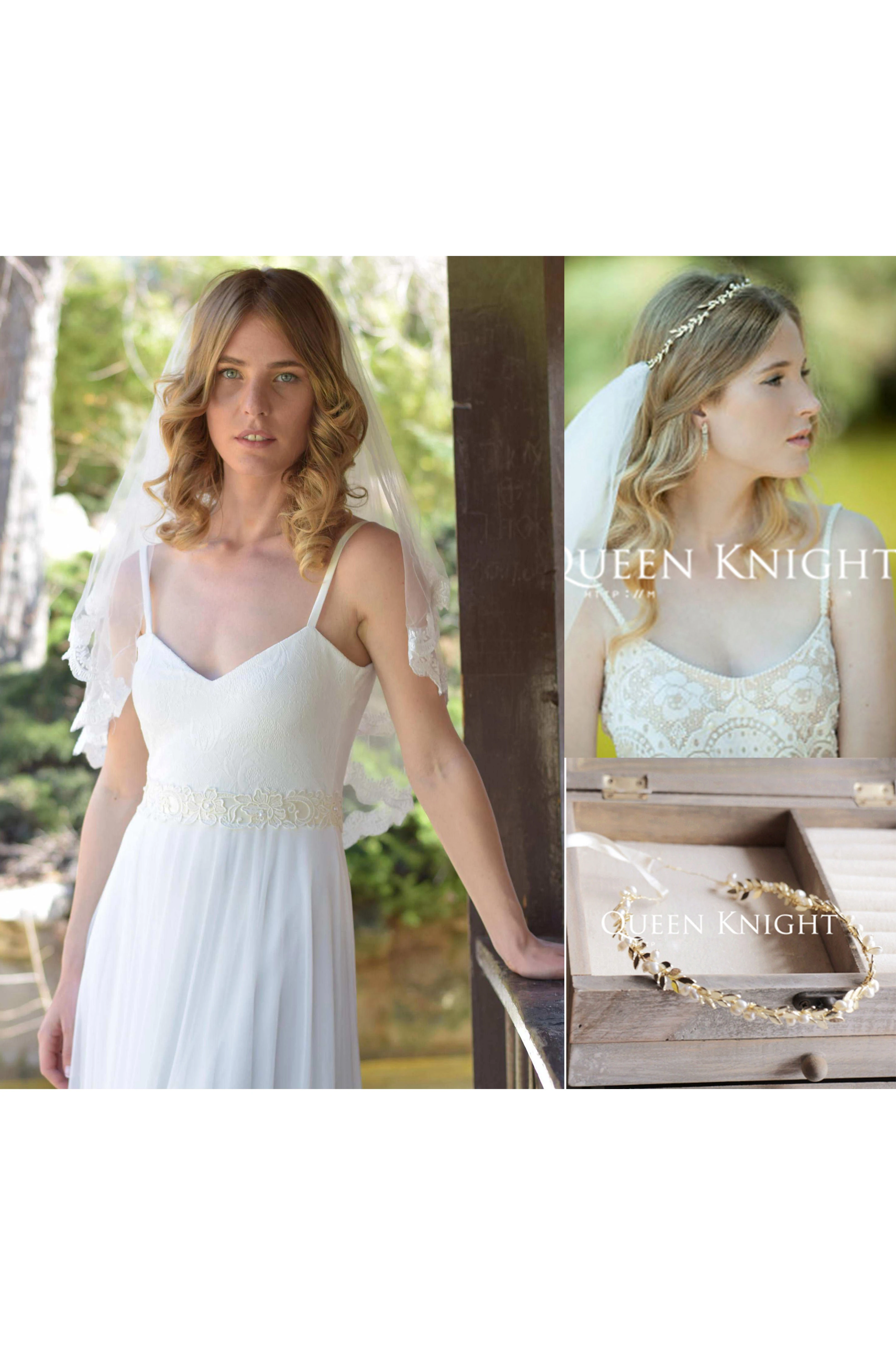 Spaghetti Chiffon Pleated Wedding Dress and Exquisite Copper-plated Leaves Vines Freshwater Pearl Hair Band