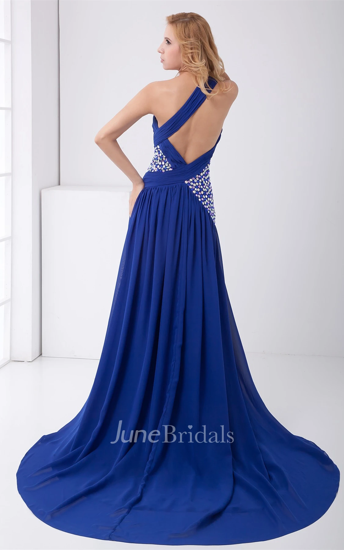 chiffon maxi pleated dress with single strap and rhinestone