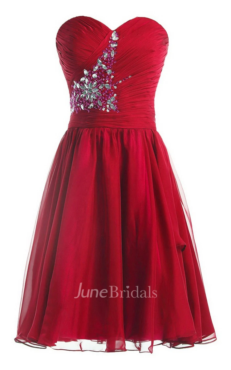 Strapless Pleat and Ruched A-line Dress With Leaf Print