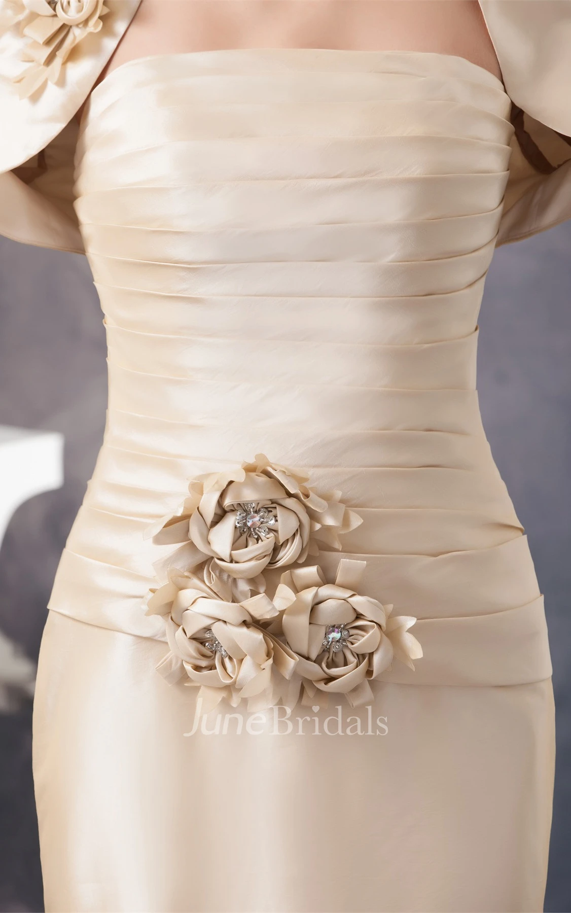 Strapless Ruched Sheath Dress with Flower and Bolero