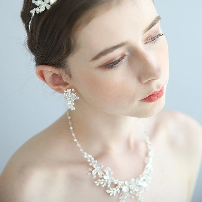 Classic Silver Crystal Rhinestone Necklace and Earrings and Crown Jewelry Set