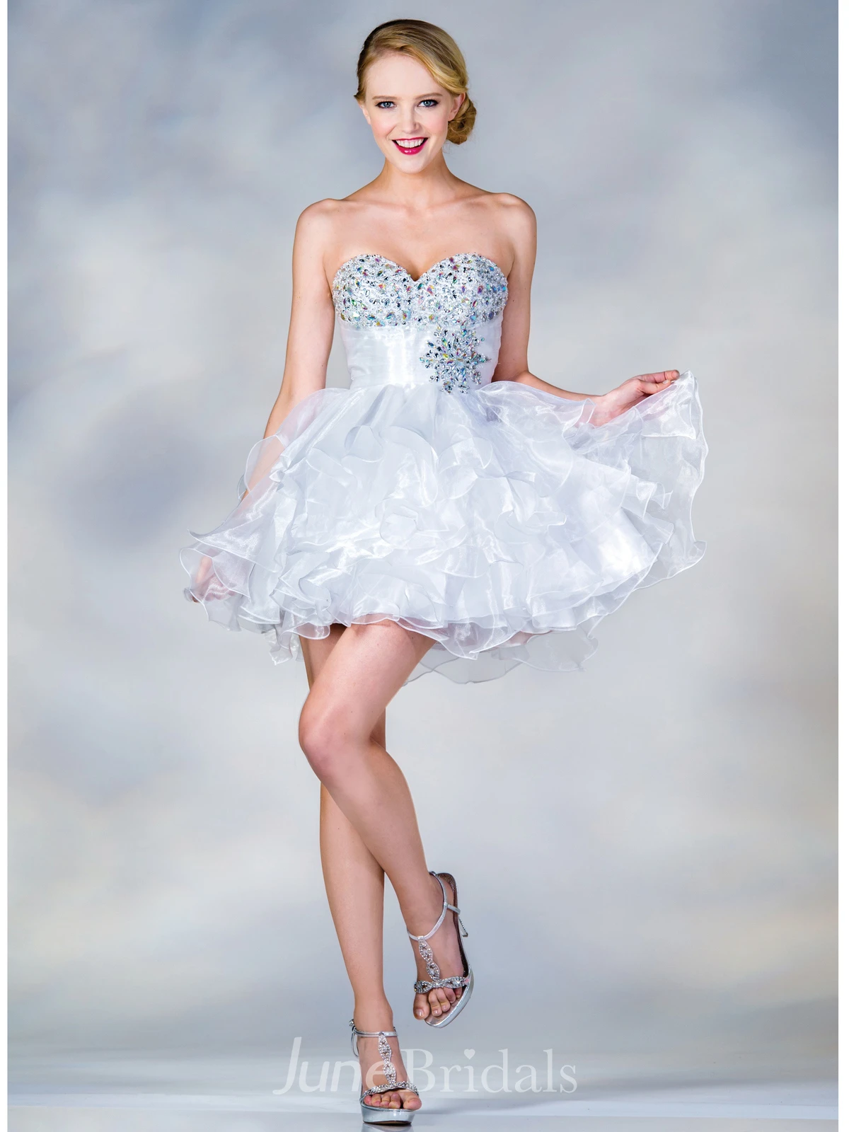 A-Line Short Sweetheart Sleeveless Organza Dress With Beading And Ruffles